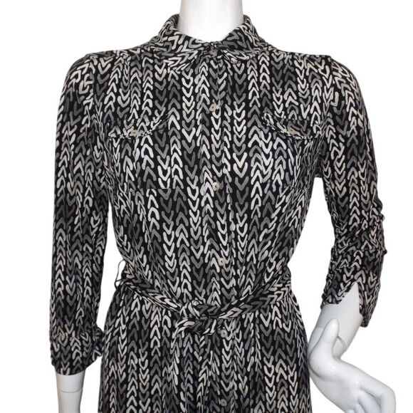 SIGRID OLSEN Shirt Dress, L, Black/Gray, Chevron Stripes, Breast pockets - Picture 2 of 13